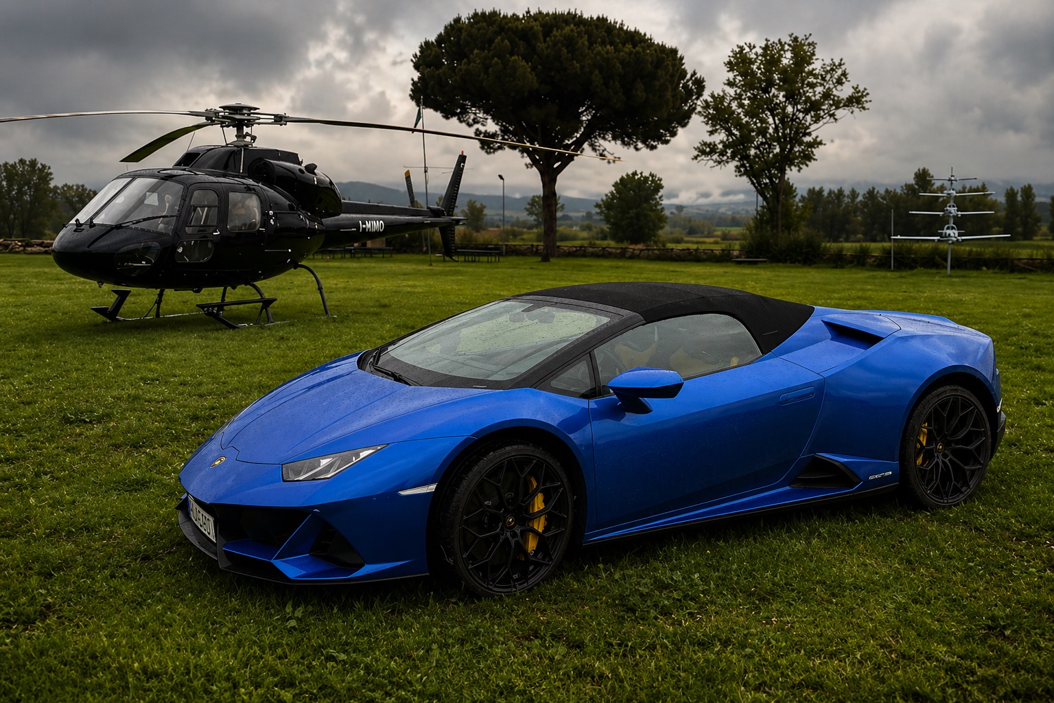 Blue Lamborghini next to the helicopter